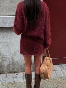 Selianne 女款優雅圓領長袖毛衣裙兩件套 - 酒紅色 - 查看 2