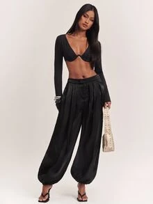 SHEIN BAE Women's Solid Color Lantern Pants - Black - View 5