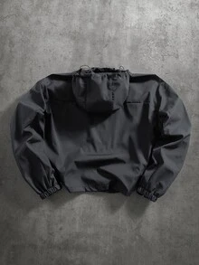 Manfinity Roghcode 男士休閒拉鍊抽繩連帽夾克 Men S 工裝風防風短版拉鍊外套 男士街頭風工裝夾克 美式足球 - 深灰色 - 查看 2