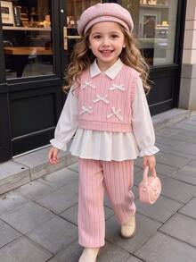 Casuvi Kids Young Girl 3pcs Back-To-School Outfit White Long Sleeve Collared Shirt Pink Cute Bow Detail Knit Vest Ribbed Wide Leg Pants Set 7th Birthday Fall Baby - Pink - View 8