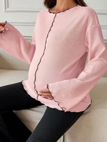 Dazy Maternity Contrast Color Ruffle Wave Hem Loose Long Sleeve Bell Sleeve Casual Vacation Korean Style Spring Autumn Maternity T-Shirt - Pink - View 1