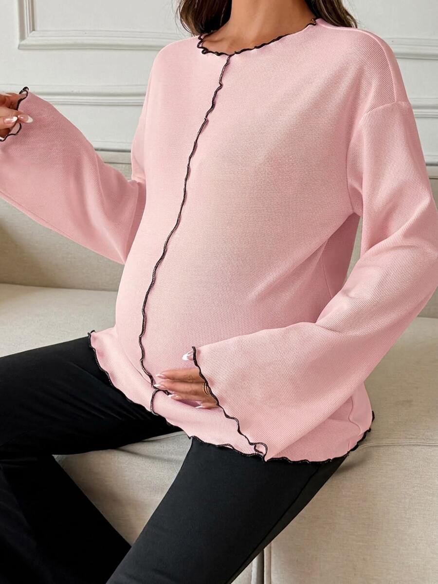 Dazy Maternity Contrast Color Ruffle Wave Hem Loose Long Sleeve Bell Sleeve Casual Vacation Korean Style Spring Autumn Maternity T-Shirt - Pink - View 1