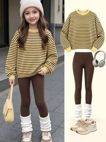 Setelan Sweatshirt dan Legging Leher Bulat Bergaris Horizontal Warna Blok Kuning Hitam Abu-abu untuk Anak Perempuan Remaja Musim Gugur/Dingin - MultiWarna - View 3