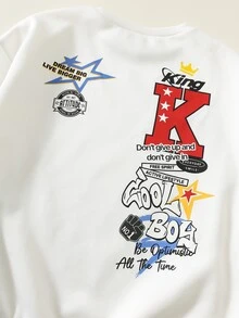 SHEIN 2件組兒童青少年男孩休閒韓系寬鬆版型數位印花小字母長袖圓領上衣與鬆緊腰長褲套裝 - 彩色 - 查看 7