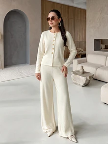 Rue Lumi Knitted Round Neck Commuter Wide Leg Pants Set Women Solid Color Top 2 Pieces Set - Beige - View 6