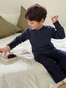 Dazy Kids Boys (Small) Striped Loose Top + Straight Leg Solid Color Pants 2 Pieces Loungewear Set - Navy Blue - View 8