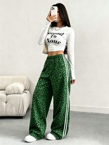 INAWLY Women's Casual Loose Fit Contrast Color Side Design Wide Leg Pants, Spring/Summer - Green - View 4