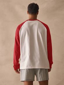 Musero 圓領落肩寬鬆長袖對比袖 T-shirt 春夏必備款 - 紅色 - 查看 4