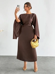 Firerie Plus Size Women Solid Color Round Neck Cape Sleeve Pleated Elegant Dress - Coffee Brown - View 3