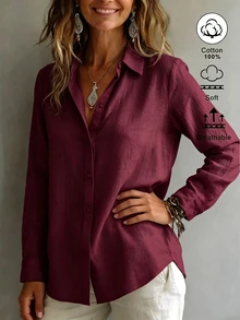 SHEIN EZwear 女款領口長袖鈕扣設計休閒度假極簡日常外出上衣 浪漫新款修身收腰秋季襯衫 - 酒紅色 - 查看 6