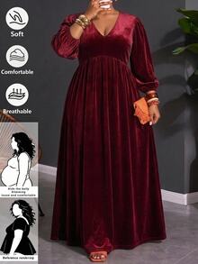 SHEIN CURVE+ Plus Size Elegant Gentle Velvet Pleated Dress - Burgundy - View 1