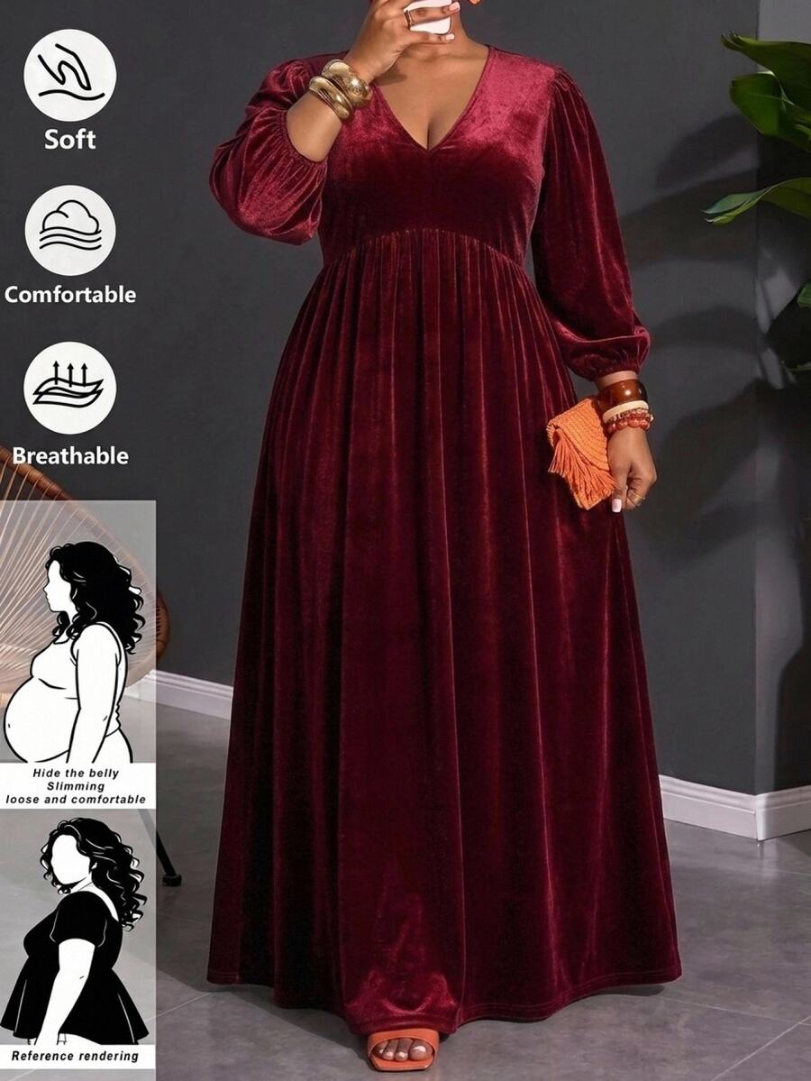 SHEIN CURVE+ Plus Size Elegant Gentle Velvet Pleated Dress - Burgundy - View 1