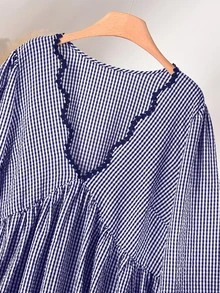 CosyJoli 大尺碼女款格紋長袖襯衫，1950年代復古服飾，對比色蕾絲飾邊秋季外套，度假風黑白上衣 - 藍色 - 查看 2