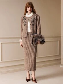 Arave Women Cardigan Skirt Set Slim Straight Knitted Floral Sequin Embroidery Button Front Ribbed Elegant Brown Floral Women's Set Fall Clothes For Women - Khaki - View 1