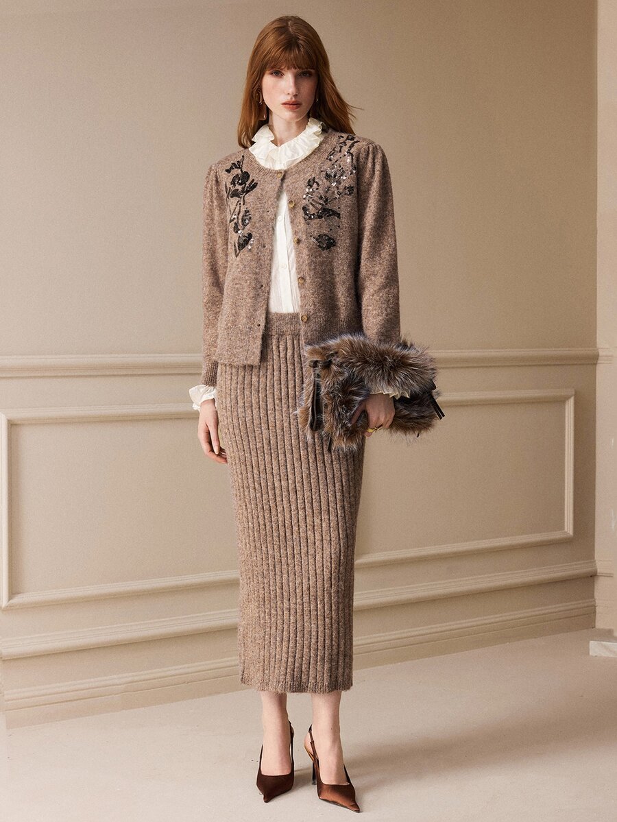 Arave Women Cardigan Skirt Set Slim Straight Knitted Floral Sequin Embroidery Button Front Ribbed Elegant Brown Floral Women's Set Fall Clothes For Women - Khaki - View 1