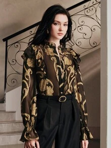 Anewsta Modern Vintage Style Long Sleeve Blouse With Ruffle Collar Design For Women - Black - View 5