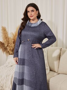 Lacomfia Women's Elegant Ruched Neck Patchwork Floral & Plaid Print A-Line Plus Size Long Sleeve Casual Dress - Grey - View 4