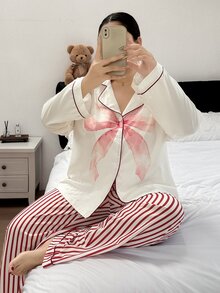 Napfluff CURVE Napfluff CURVE Plus Size Plus Size Bow Print Lapel Long Sleeve Pajama Set - Multicolor - View 5
