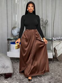 SOLERSUN Plus Size Sexy Elegant Women's Design Satin Lace Patchwork Skirt, Suitable For Commute, Casual, Tea Party, Autumn/Winter - Brown - View 1