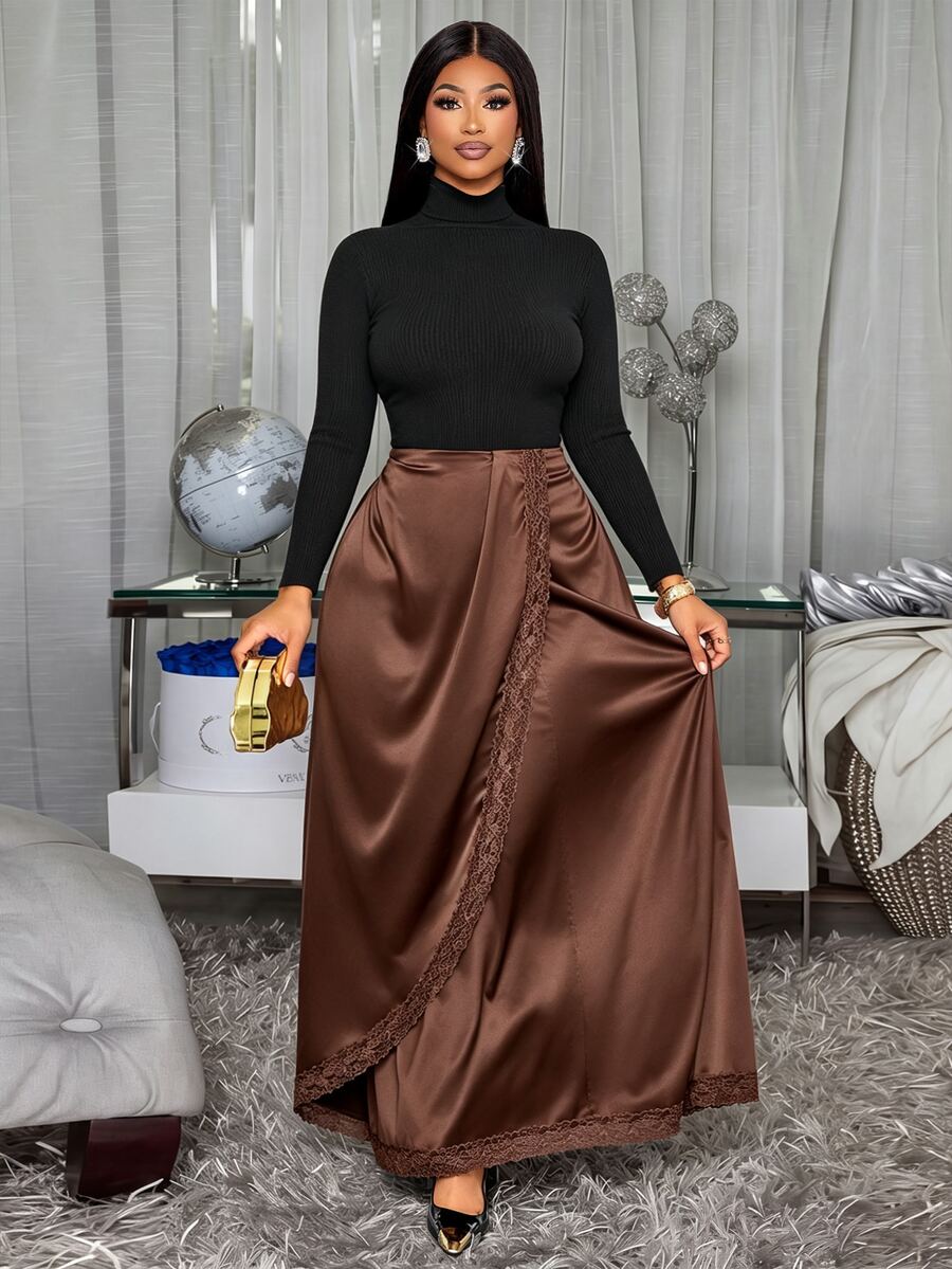 SOLERSUN Plus Size Sexy Elegant Women's Design Satin Lace Patchwork Skirt, Suitable For Commute, Casual, Tea Party, Autumn/Winter - Brown - View 1