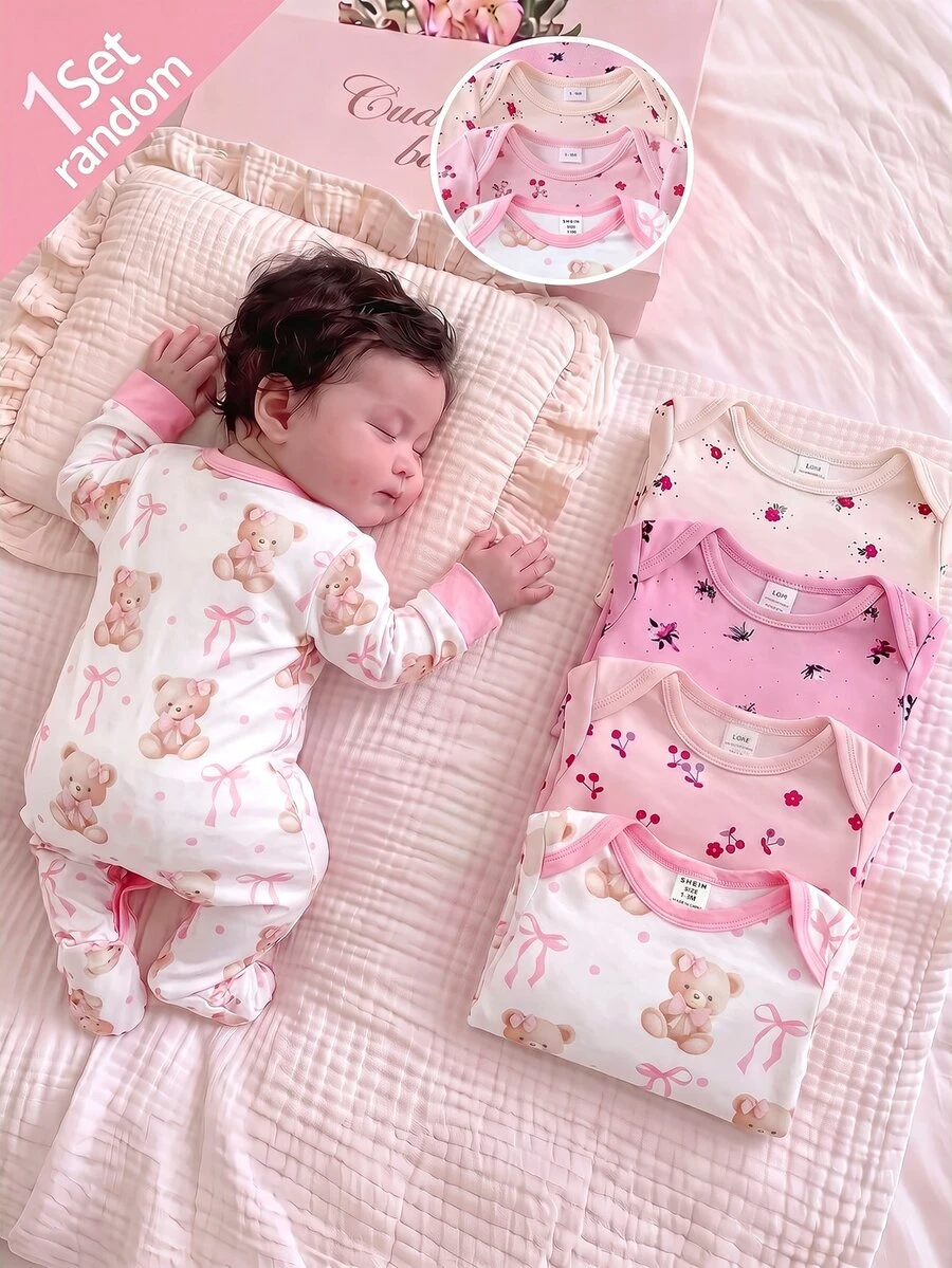 SHEIN Newborn Cute Cartoon Bear Colorblock Romper Loungewear - Pink - View 1