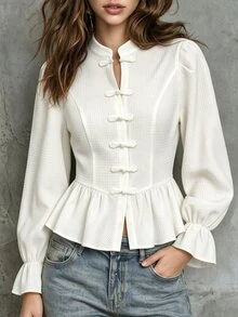 Lumivelle New Chinese Style National Wind Stand Collar Frog Button Petal Sleeve Ruffle Hem Waist-Cinching Short Textured Fabric Flare Cuff Solid Color Blouse - Apricot - View 4
