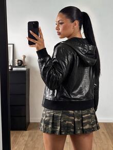 POPSWAY Plus Size Punk Style Premium PU Leather Hooded Long Sleeve Slim Fit Flattering Short Jacket - Black - View 2