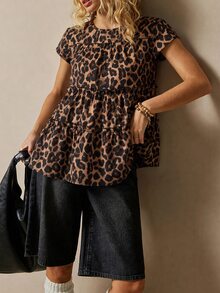 Freevana 女款豹紋百褶休閒復古 70 年代復古百搭日常穿著襯衫 度假深棕色豹紋外出夏季 - 棕色 - 查看 6