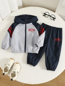 SHEIN 2件組男嬰秋冬休閒條紋字母印花拉鍊連帽衛衣與長褲運動套裝 - 彩色 - 查看 4