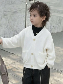 Dazy Kids 兒童秋季男童小號寬鬆休閒V領針織開襟外套，紋理面料 - 白色 - 查看 6