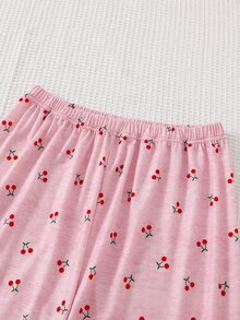 Teen Girls Beautiful Cute Red Cherry Pattern Elegant Comfortable Long Sleeve Pants 2 Pieces Loungewear Set - Pink - View 4