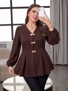 Modelyn Kemeja Kasual Serbaguna untuk Wanita Ukuran Besar dengan Warna Polos, Cocok untuk Pemakaian Sehari-hari - Coffee Brown - View 4