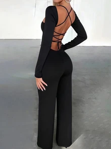 SHEIN Sexy Fitted Square Neck Backless Lace-Up Hem High Slit Long Sleeve Maxi Jumpsuit For Plus Size Women Fall - Black - View 2