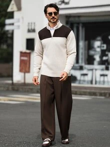 Manfinity Homme 男士秋冬半拉鍊保暖內裡毛衣 - 米色 - 查看 3