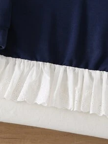 Fashionable Embroidered Ruffle Hem Printed Sweatshirt, Girls White Bow Decor Top, Autumn Baby Lace Ruffle Long Sleeve Sweet Children's Sweatshirt, Autumn/Winter Style - Navy Blue - View 5