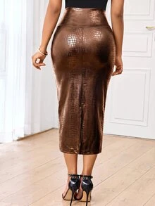 SHEIN Lady 女款 PU 皮革高腰優雅鉛筆裙 - 金色 - 查看 2