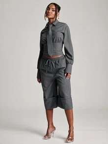 NYA SZN Matching Set Shirt & Pant Capri Cropped Short Pinstripe Long Sleeve Tie Collared Button Up Office Siren Gyaru Modest Church Unique Chic Fall Winter - Black and White - View 4