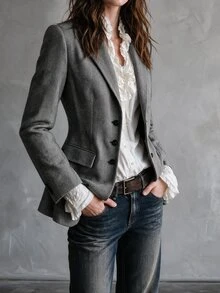 Solivie 女款羊毛混紡西裝外套，灰色魚骨紋，時尚復古優雅浪漫秋季外出辦公商務上衣工作上衣 - 黑色 - 查看 7