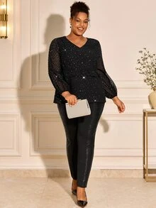 BrightlyHer Plus Size Women's Rhinestone Mesh V-Neck Waist Patchwork Ruffle Blouse - Black - View 7