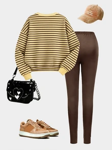 Setelan Sweatshirt dan Legging Leher Bulat Bergaris Horizontal Warna Blok Kuning Hitam Abu-abu untuk Anak Perempuan Remaja Musim Gugur/Dingin - MultiWarna - View 2
