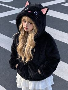 SHEIN Elladie kids 1件女童甜美風休閒外套，校園休閒穿搭，秋冬款3D貓咪刺繡連帽寬鬆抓絨夾克 - 黑色 - 查看 1