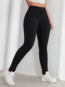 SHEIN ICON 大尺碼女款休閒舒適淺藍色彈性牛仔褲 - 黑色 - 查看 6