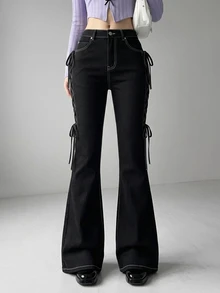 FRIFUL Celana Jeans Wanita Seksi dengan Kancing, Saku, dan Tali Pengikat Model Flare - Hitam - View 8