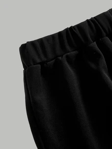 SHEIN 兒童青少年女孩黑白學院風 2 合 1 背心對比領前開扣長袖襯衫與寬腿褲兩件套 秋冬款 - 黑與白 - 查看 5