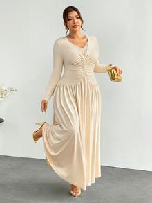 Firerie Plus Size Soft Style Lace Patchwork Pleated Dress - Apricot - View 7