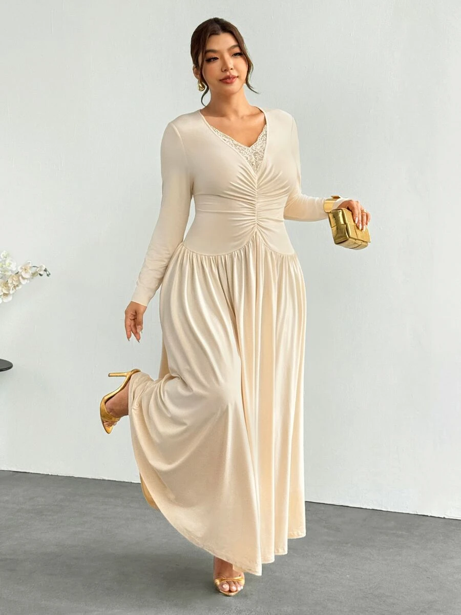 Firerie Plus Size Soft Style Lace Patchwork Pleated Dress