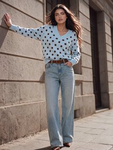 Anewsta Women's Autumn/Winter Retro Polka Dot Long Sleeve Knit Sweater, Commuter Casual Versatile - Baby Blue - View 4