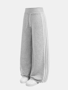 SHEIN 青少年女孩 白色針織抽繩對比織帶休閒寬鬆長褲，適合海灘與秋季 - 灰色 - 查看 6