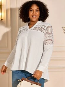 BrightlyHer Plus Size Women's Contrast Lace Cutout V-Neck Long Sleeve Fashion Blouse - White - View 5