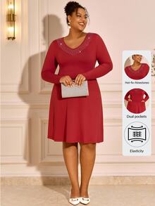 BrightlyHer Plus Size Burgundy Rhinestone V Neck Long Sleeve Dress Elegant Formal Party Evening Fall Winter 2026 Christmas - Burnt Orange - View 3